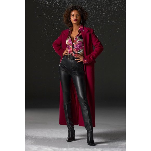 BOSTON PROPER Long Faux Wool Lined Topper Coat in Beet Red - Picture 2 of 9